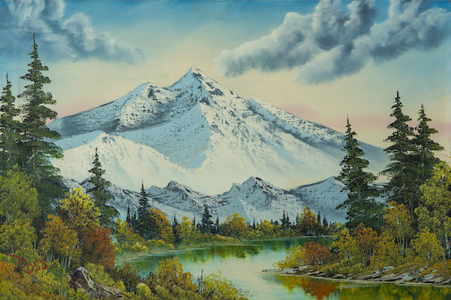Ross painting of lake and snowy mountains with green trees.