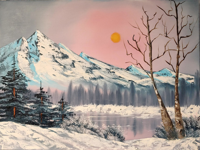 Painting by Ross of snowy mountains with pink sunset